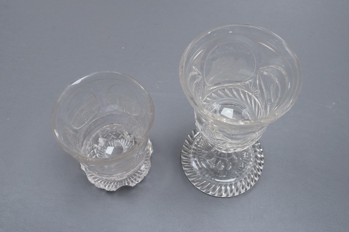 A 19th century Bohemian topographical engraved goblet and a similar beaker goblet, 17cm high